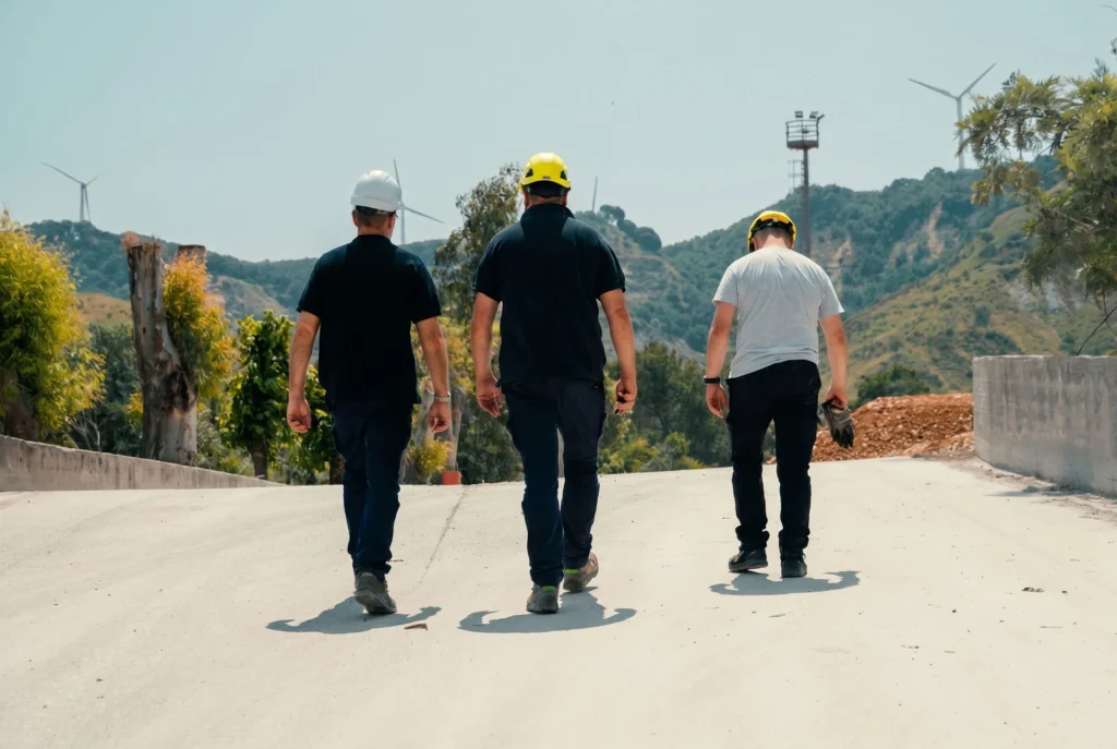 Tre lavoratori Calme camminano verso lo stabilimento